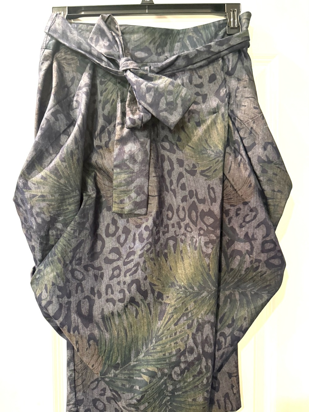 New York & Company Olive Green and Gray Leopard Palm Print Midi Skirt